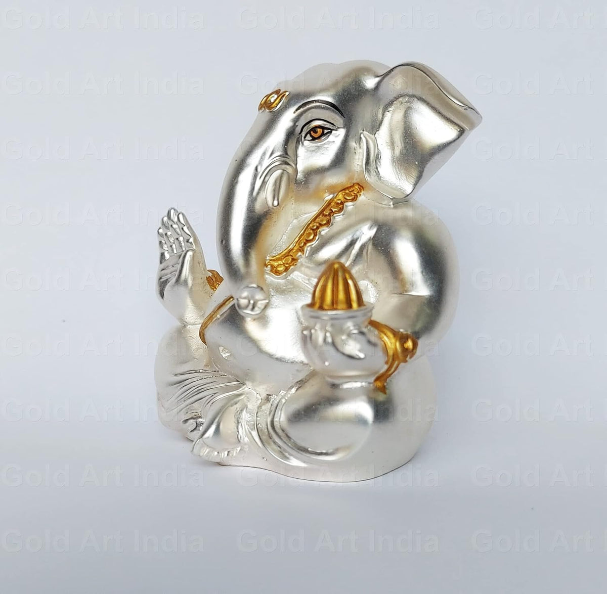 Gold Art India Ceramic Matte Silver Plated Appu Ganesha for Car Dashboard Showpiece Diwali Gifts, Birthday Gifts (Silver, 5x4)