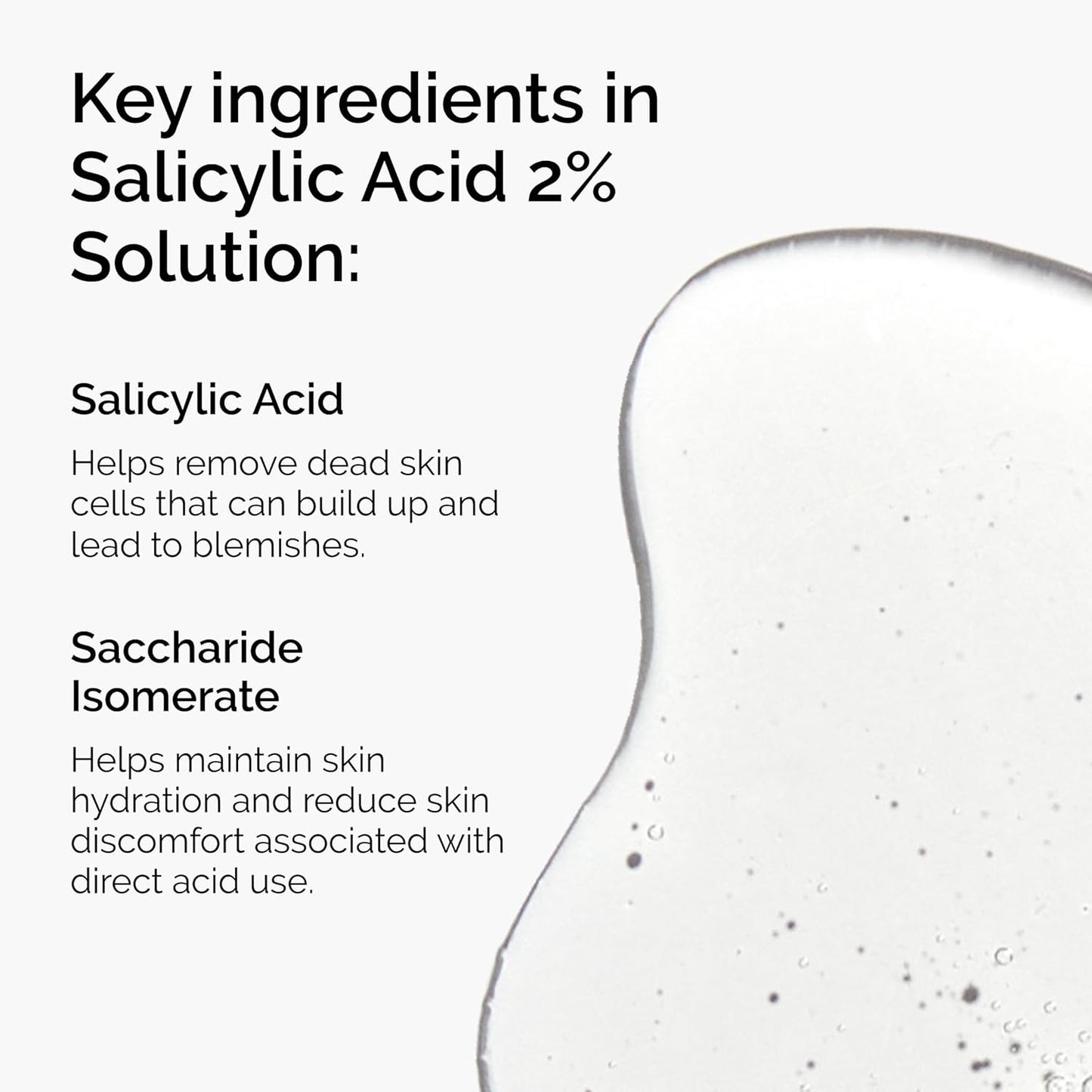 List of key ingredients in Salicylic Acid 2% Solution with a close-up of the solution.