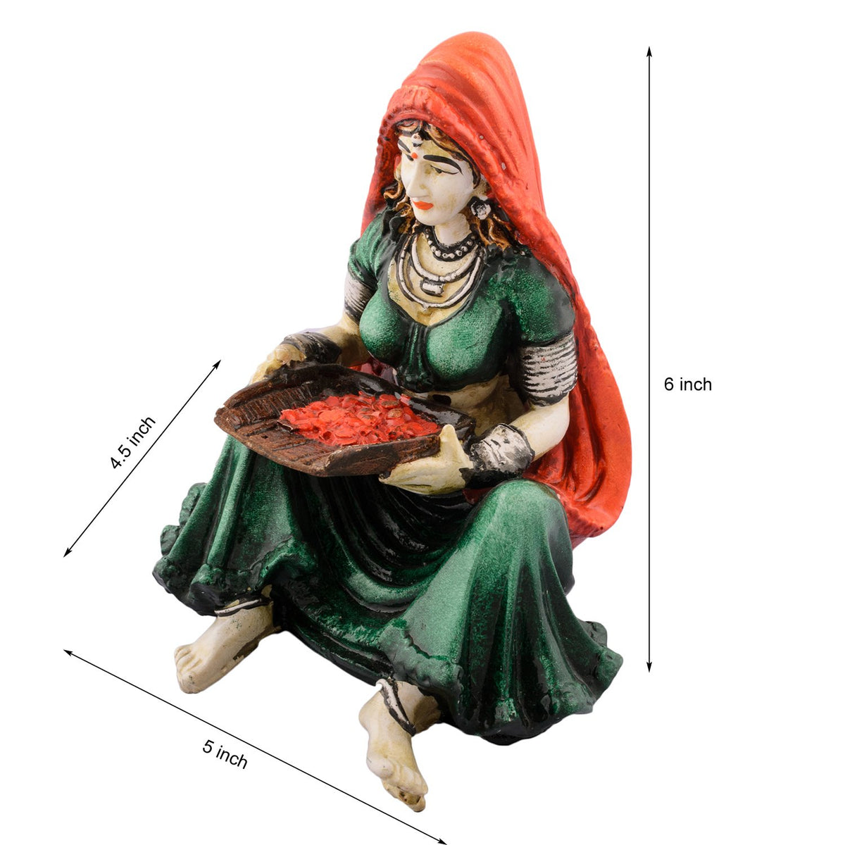Rajasthani Lady Showpiece Polyresin Statue (12.5 cm x 11.25 cm x 15 cm, Green and Orange)