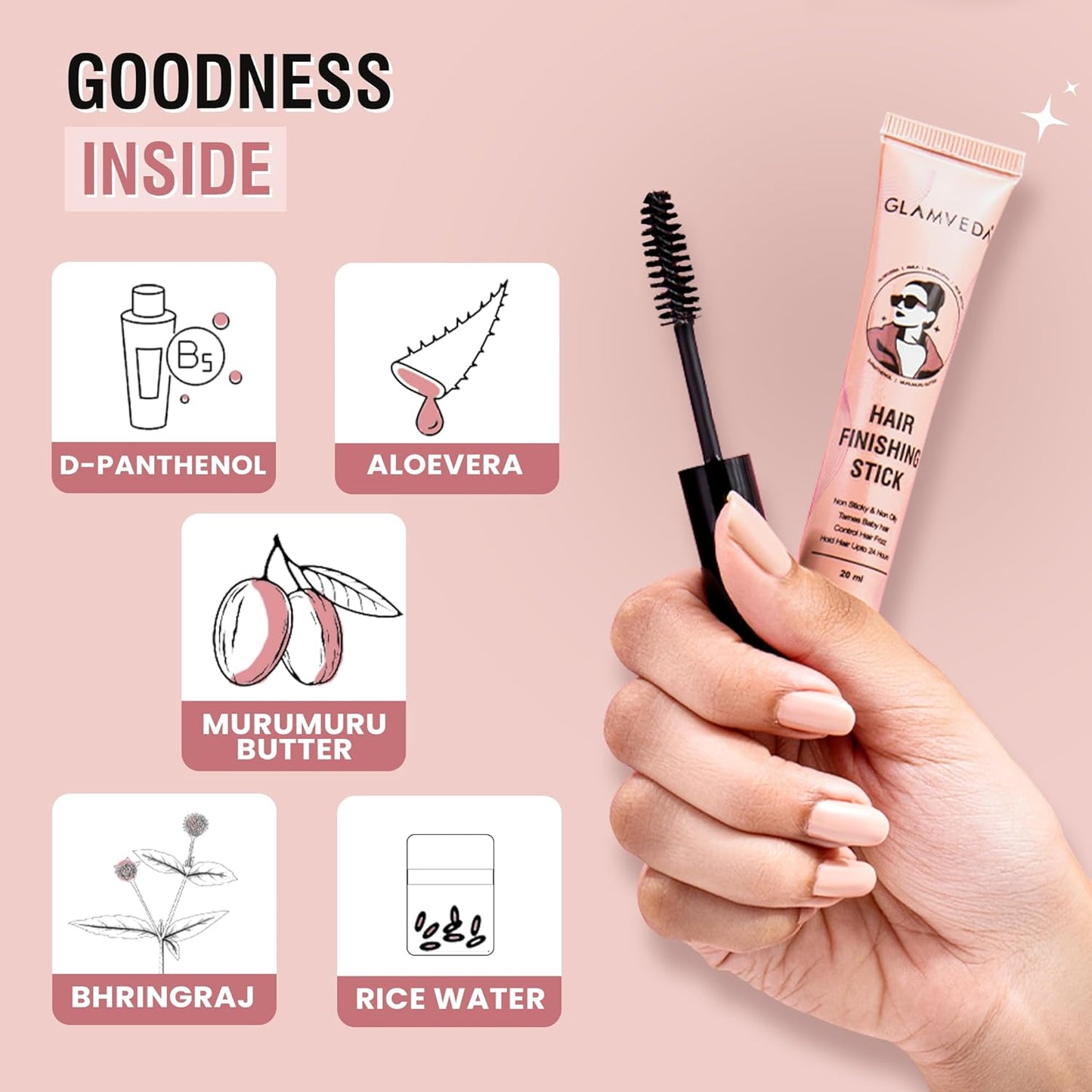 GLAMVEDA Frizz Free Hair Finishing Stick | Anti-Frizz Hair Fix Stick for Flyaways & Baby Hair | Non-Sticky & Non-Greasy Formula | Long-Lasting Hold with Rice Water | 20ml