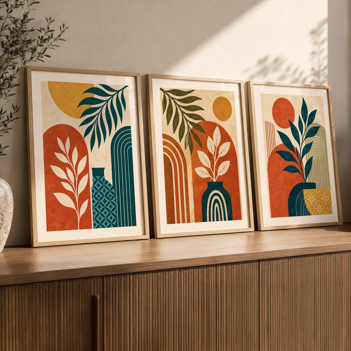 BOHO Art Home Decor Painting | Modern BOHO Artwork with Frame for Living Room Bedroom Hotel Wall | Digital Reprint Set of 3 | 13X17 Inch