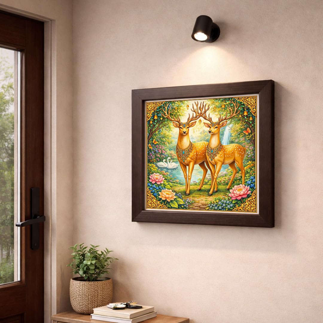 Golden Deer Pair Money Vastu Prosperity Luck Harmony Nature Sacred Framed Poster Artwork Decor Painting