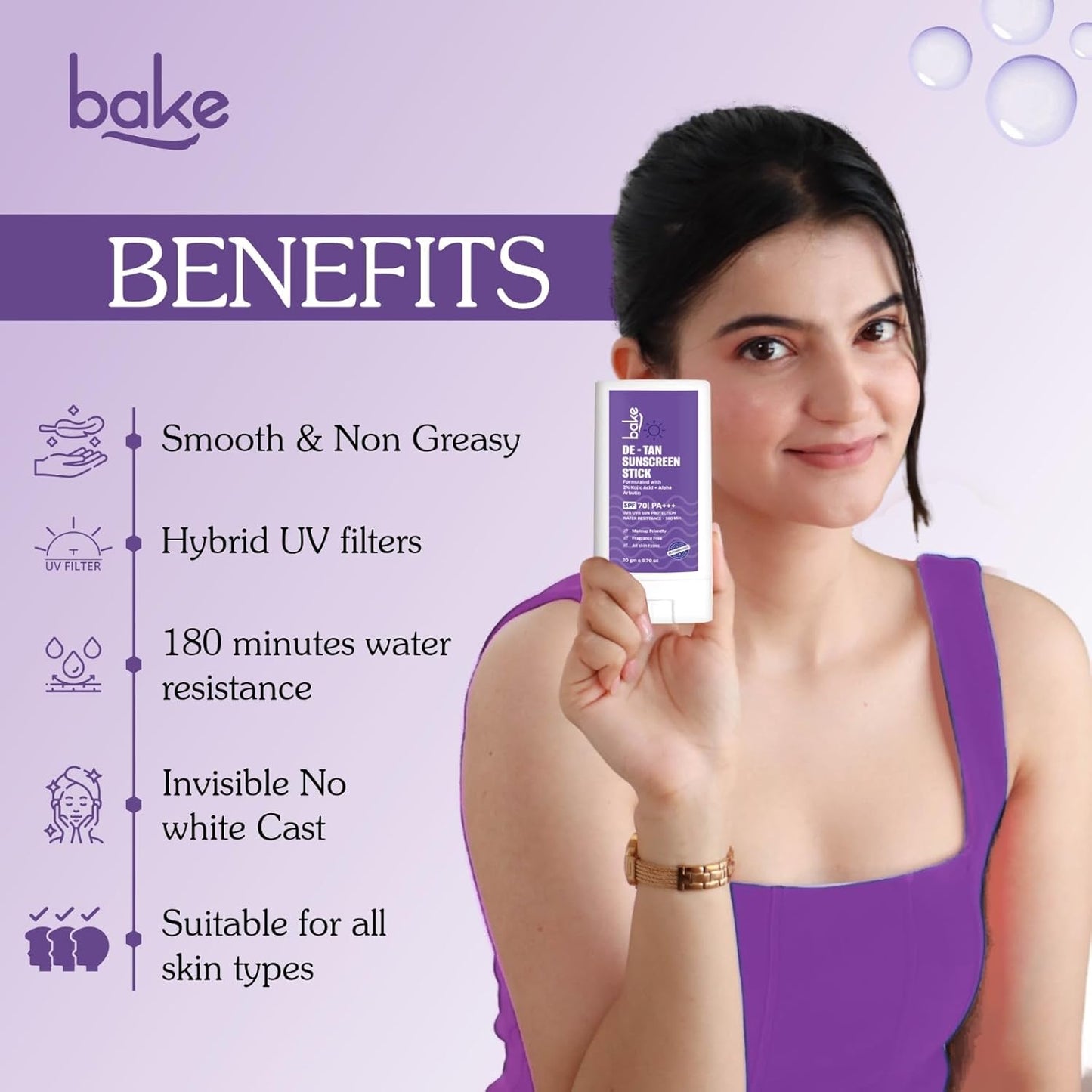 BAKE De-Tan Water Resistant Sunscreen Stick SPF 70 PA++++ with 2% Kojic Acid & Alpha Arbutin | Lightweight, No White Cast | For All Skin Types | For Pigmentation & Dark Spots - 20g