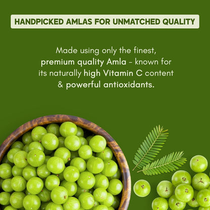 Bowl of green Amla fruits with text on a green background