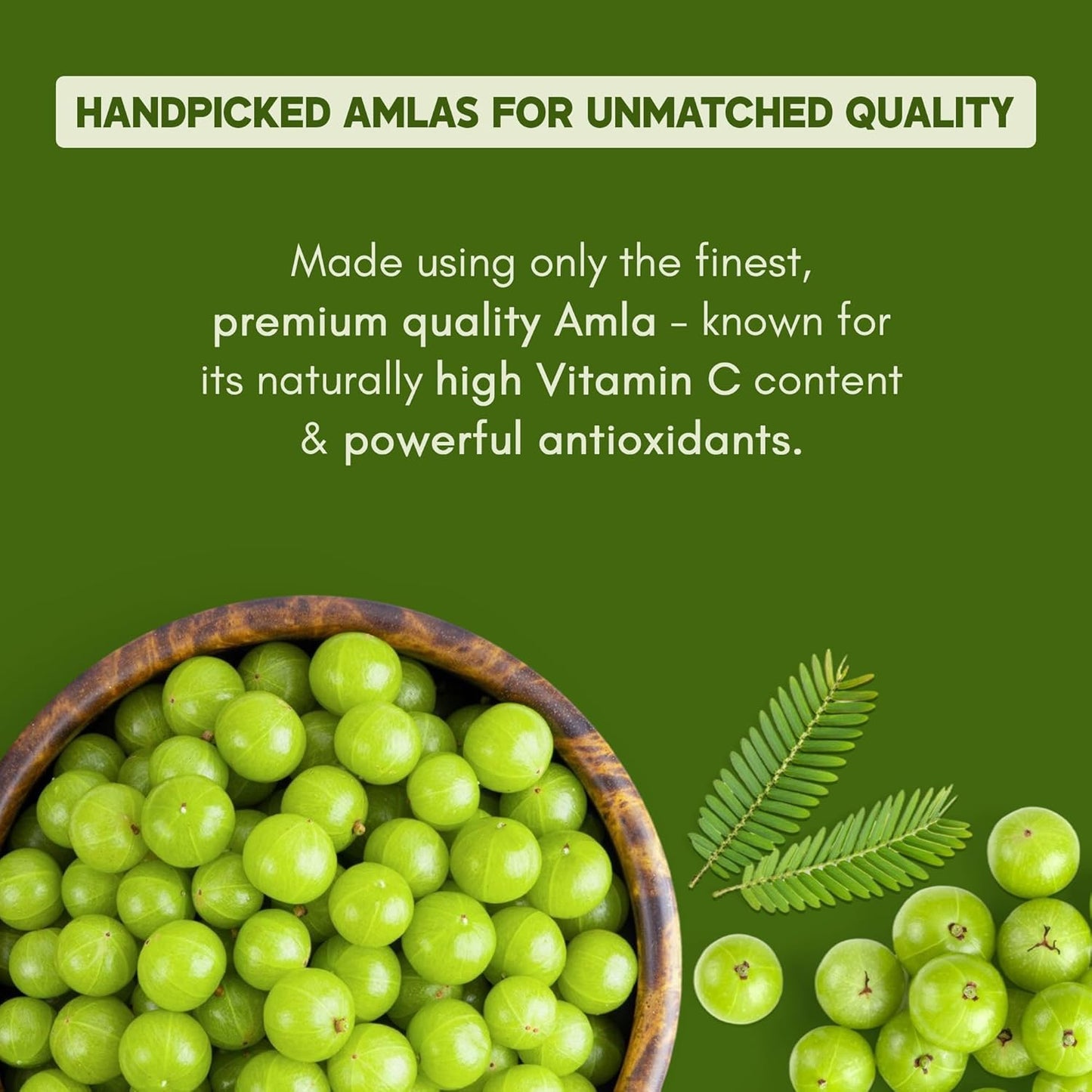 Bowl of green Amla fruits with text on a green background