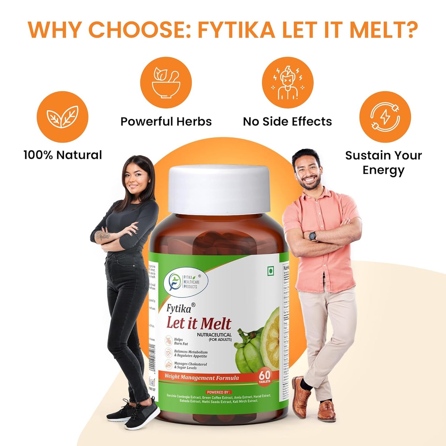Fyтика Let it Melt supplement bottle with two people standing on a white background