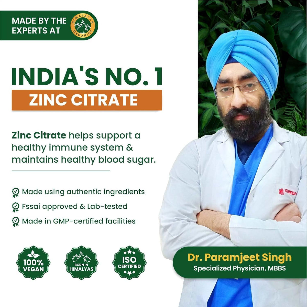 Vlado’s Himalayan Organics Zinc Citrate with Vitamin C | Zinc Supplements for Men & women with 100% RDA Zinc | Immunity & Cellular Health Support - Support Healthy Immune Function | Improve Iron Absorption | Antioxidant Support - 120 Tablets