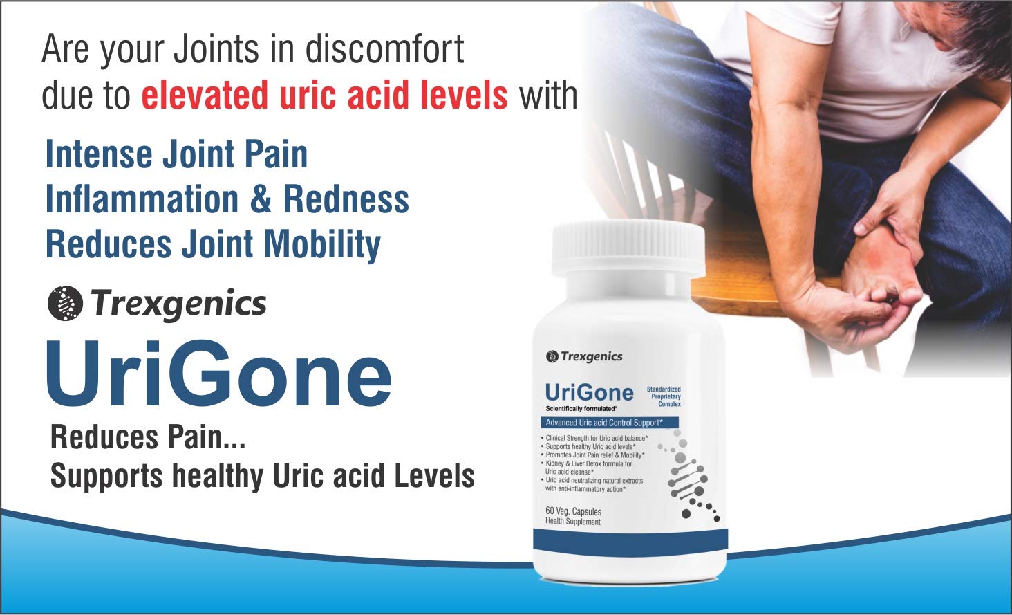 Advertisement for Trexgenics UriGone showing a bottle with text about joint pain and uric acid levels.