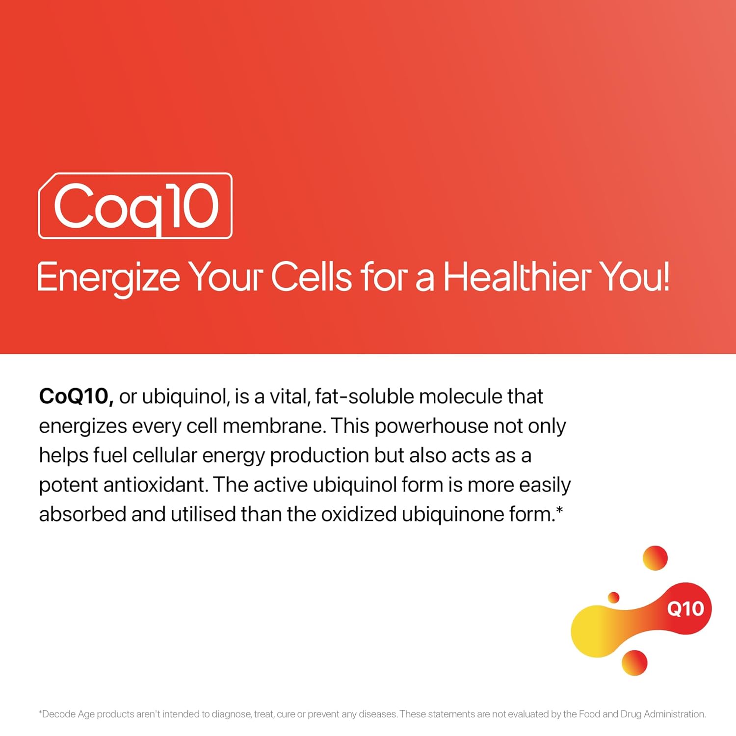 Advertisement for CoQ10 with text and logo on a red and white background