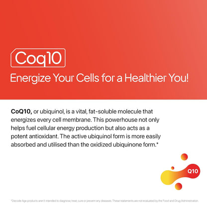 Advertisement for CoQ10 with text and logo on a red and white background