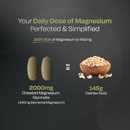 Comparison of magnesium supplement dosage with cashew nuts on a dark background