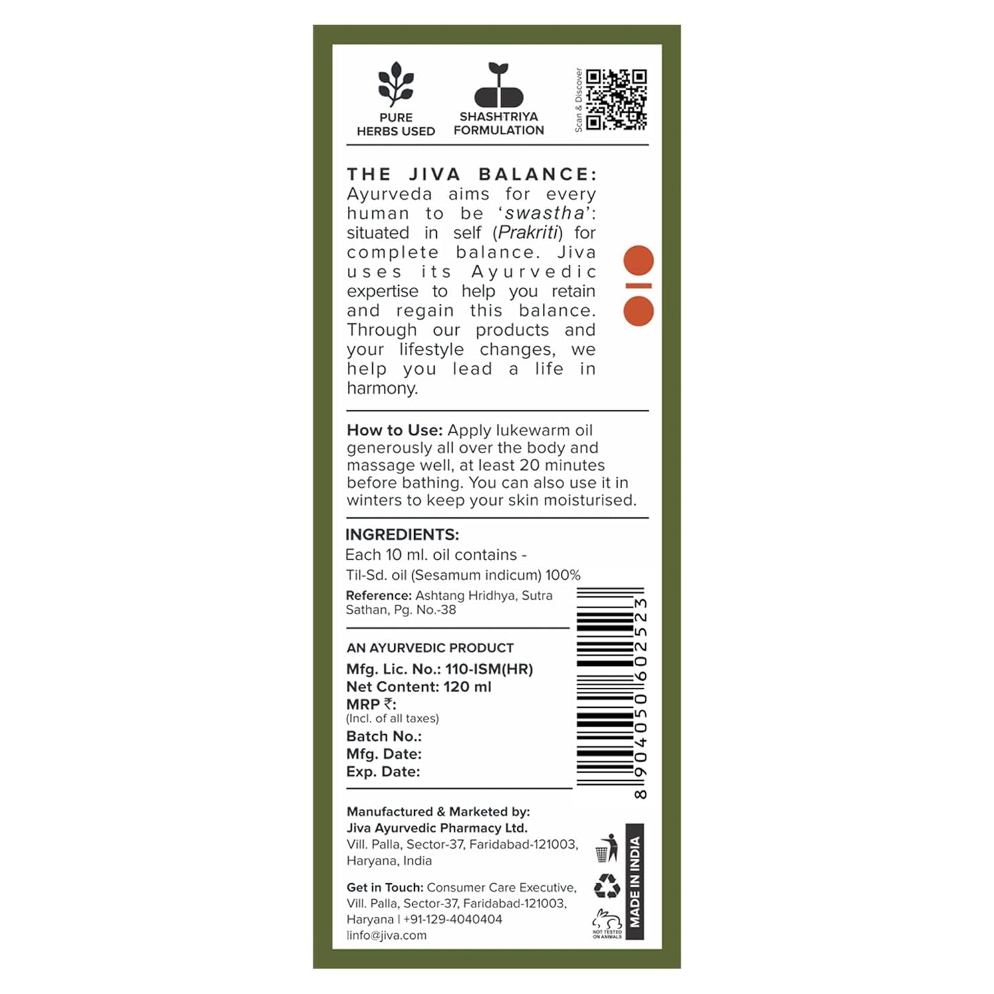 Jiva Medicated Til Oil 120 ml | Ayurvedic Oil Made of Pure Herbs | Relieves Joint And Muscle Pain, Stiffness And Tremors | Pacifies Vata Dosha