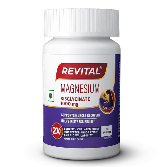 Revital Magnesium Bisglycinate | Chelated |100% RDA | 440mg Elemental Magnesium| 13% Higher Absorption| Scientifically crafted for both men & women | 2.5X Higher Bioavailability | Muscle Recovery & Stress Relief | Restful Sleep Support | 60 Tablets