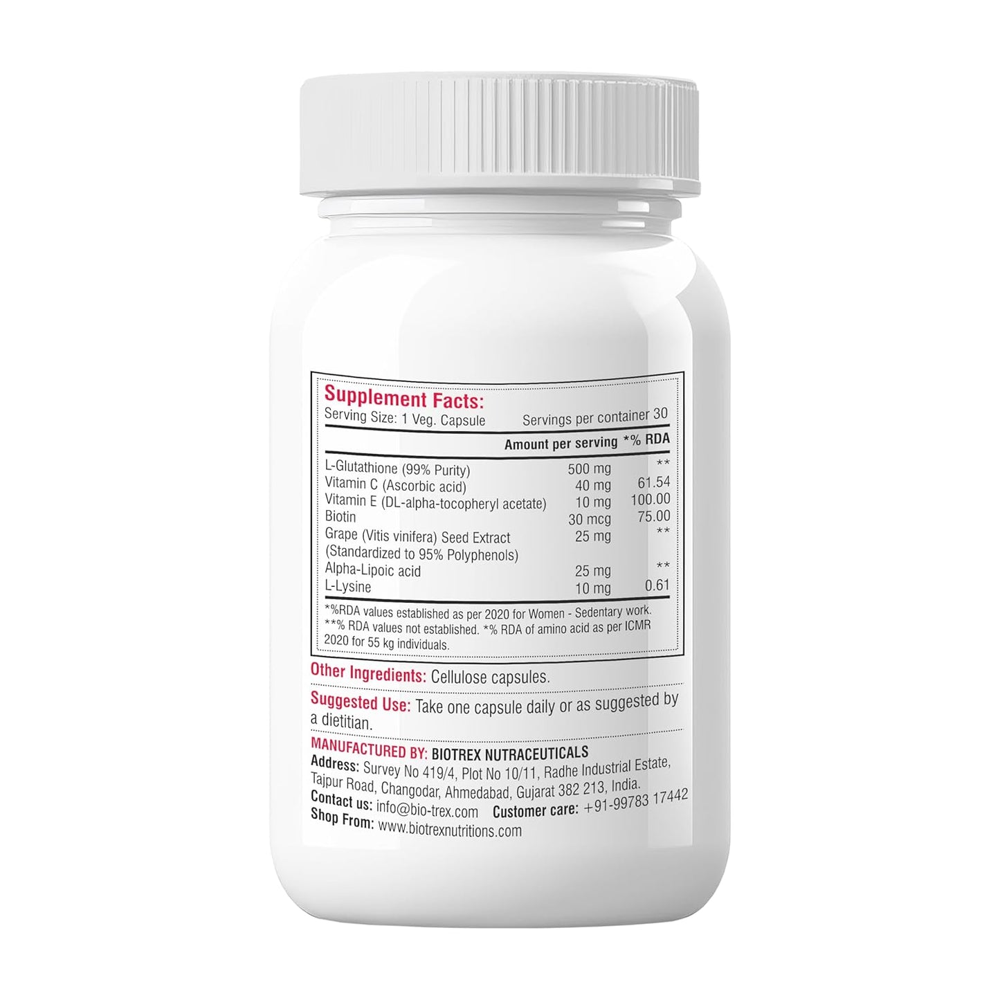 Biotrex Nutraceuticals Glutathione With Vitamin C & E, Biotin, Grape Seed Extract, Alpha Lipoic Acid, L-Lysine For Healthy Skin Health, Antioxidant Supplement - 30 Vegetarian Capsules
