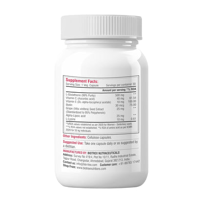 Biotrex Nutraceuticals Glutathione With Vitamin C & E, Biotin, Grape Seed Extract, Alpha Lipoic Acid, L-Lysine For Healthy Skin Health, Antioxidant Supplement - 30 Vegetarian Capsules
