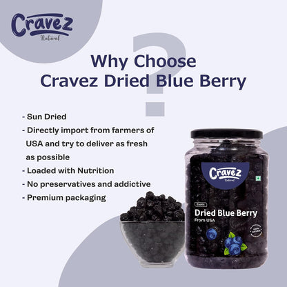 Cravez Dried Blueberries, Sweet Berries | Dried Fruits | Rich in Calcium, Vitamin K | Healthy Skin | Boost Immunity | Vegan, Non-GMO, Preservative-Free | Blueberry Snacks