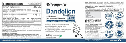 Trexogenics Dandelion Root Extract supplement label with branding and certification logos.