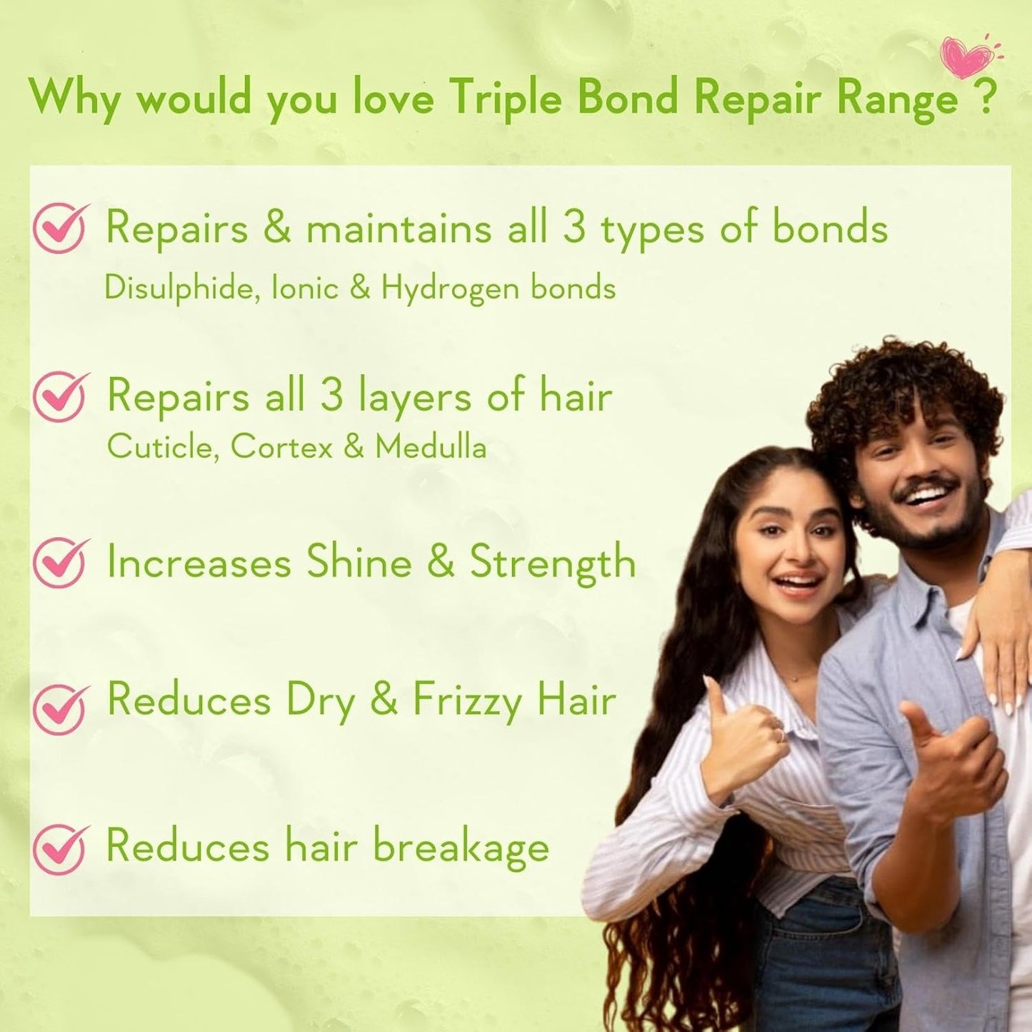 Promotional image for Triple Bond Repair Range with a couple and text highlighting product benefits on a green background.