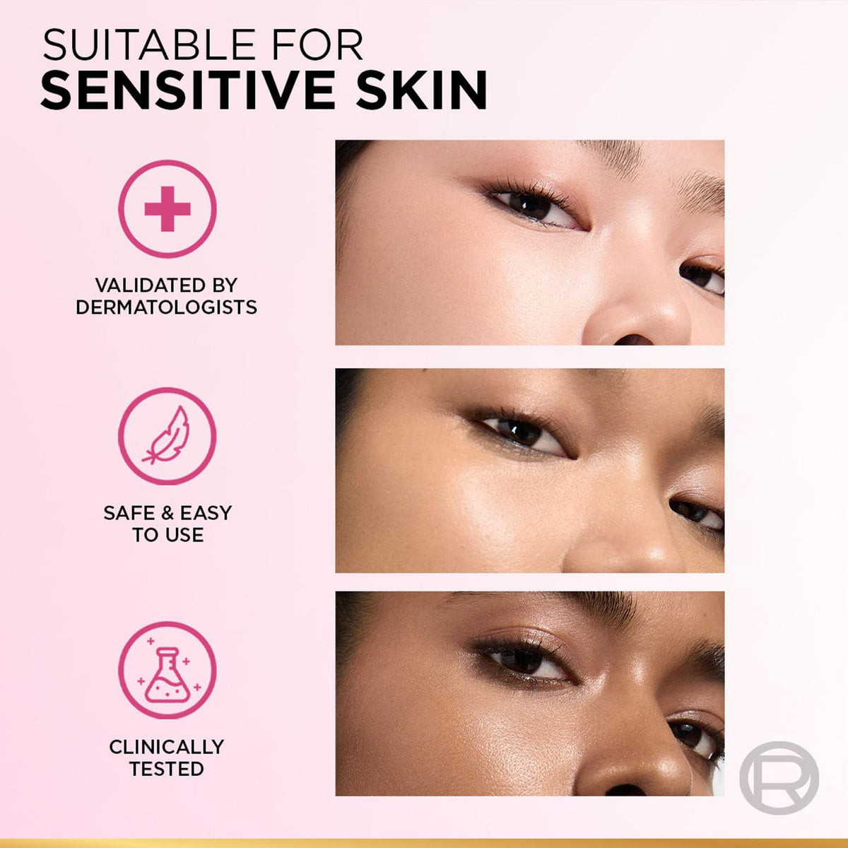 Product advertisement for sensitive skin with dermatologist validation, safety features, and clinical testing.