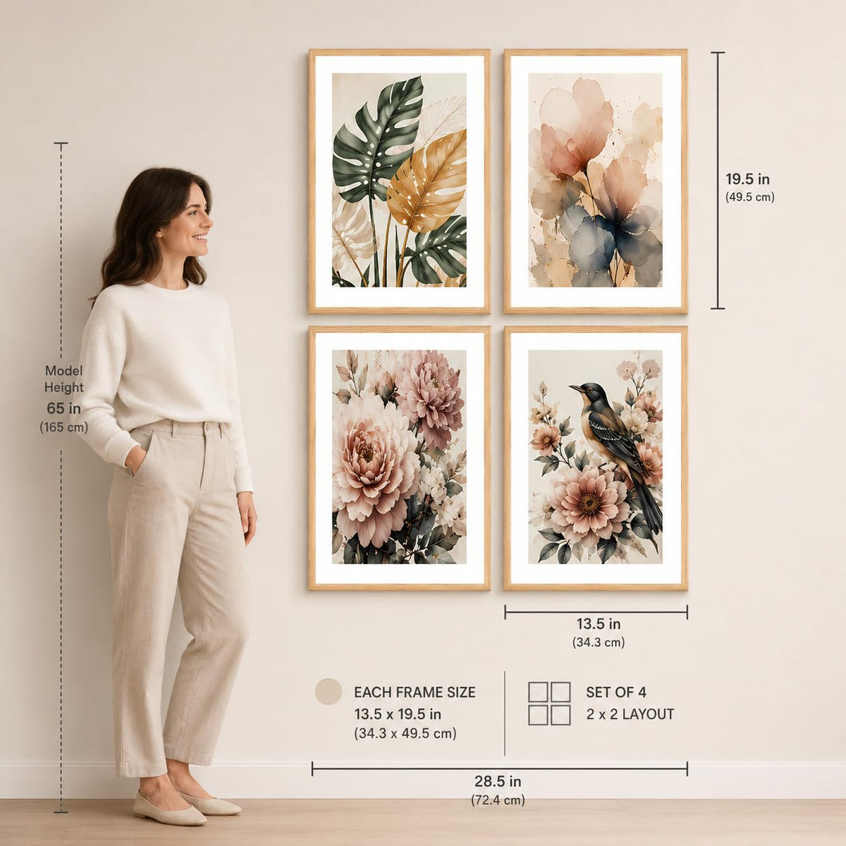 Set of 4 Botanical Floral Bird Wall Paintings with Sparkle Laminate and Premium Wooden Synthetic Frame for Living Room Bedroom Office Decor (13.5 x 19.5 Inch)