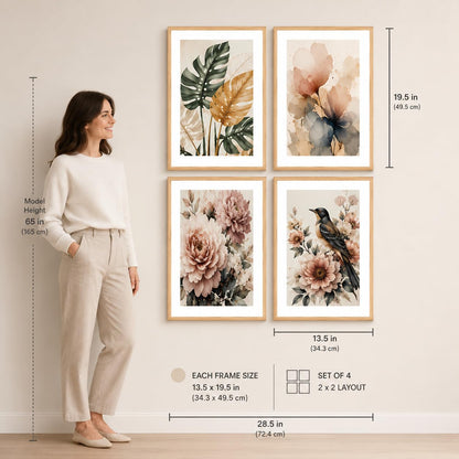 Set of 4 Botanical Floral Bird Wall Paintings with Sparkle Laminate and Premium Wooden Synthetic Frame for Living Room Bedroom Office Decor (13.5 x 19.5 Inch)