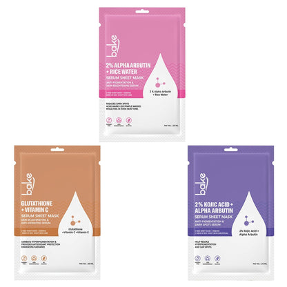 BAKE Sheet Mask for Glowing Skin (3 Sheets) with Alpha Arbutin, Kojic Acid & Glutathione | Brightens Skin, Treats Pigmentation, Dark Spots, Tanning - 60g