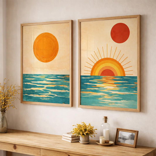 Set of 2 Sunset Ocean Framed Wall Painting for Living Room | Modern Abstract Sun Wall Art | Aesthetic Coastal Sea Wall Decor Frames for Bedroom, Hall & Office