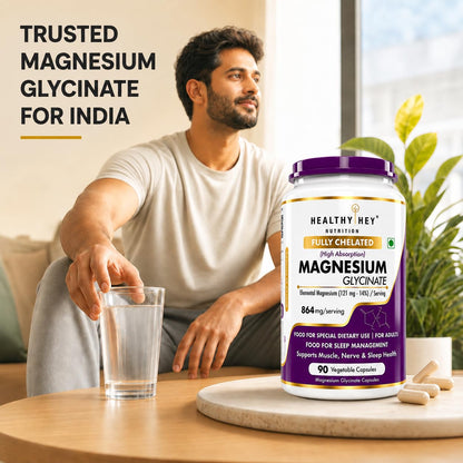 HealthyHey Nutrition Magnesium Glycinate 14% Fully Chelated Supplement High Absorption for Sleep, Cramps, & Nerves Health - 90 Vegetable Capsules