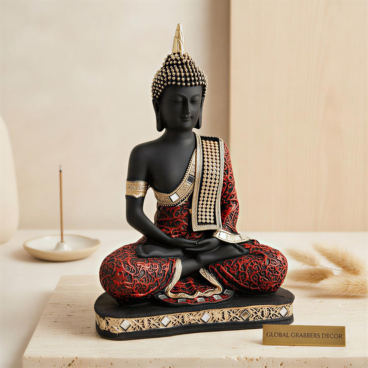 New Limited Edition 25 Centimetre Meditating Sitting Buddha Idol Statue showpiece Home Decor Decoration Items for Living Room and Gifts (Red Black)