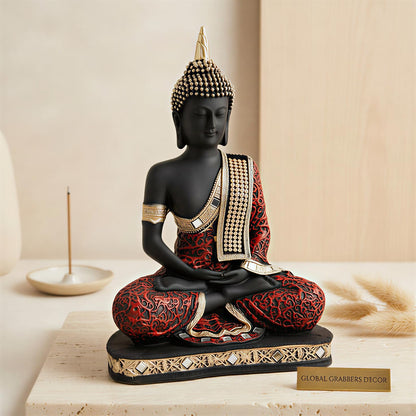New Limited Edition 25 Centimetre Meditating Sitting Buddha Idol Statue showpiece Home Decor Decoration Items for Living Room and Gifts (Red Black)