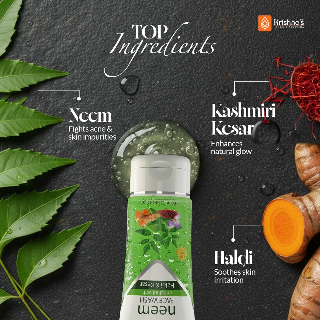Krishna's Neem Face Wash - 100 ml | Ayurvedic expert for Acne & Pimples | Goodness of Neem, Turmeric & Saffron