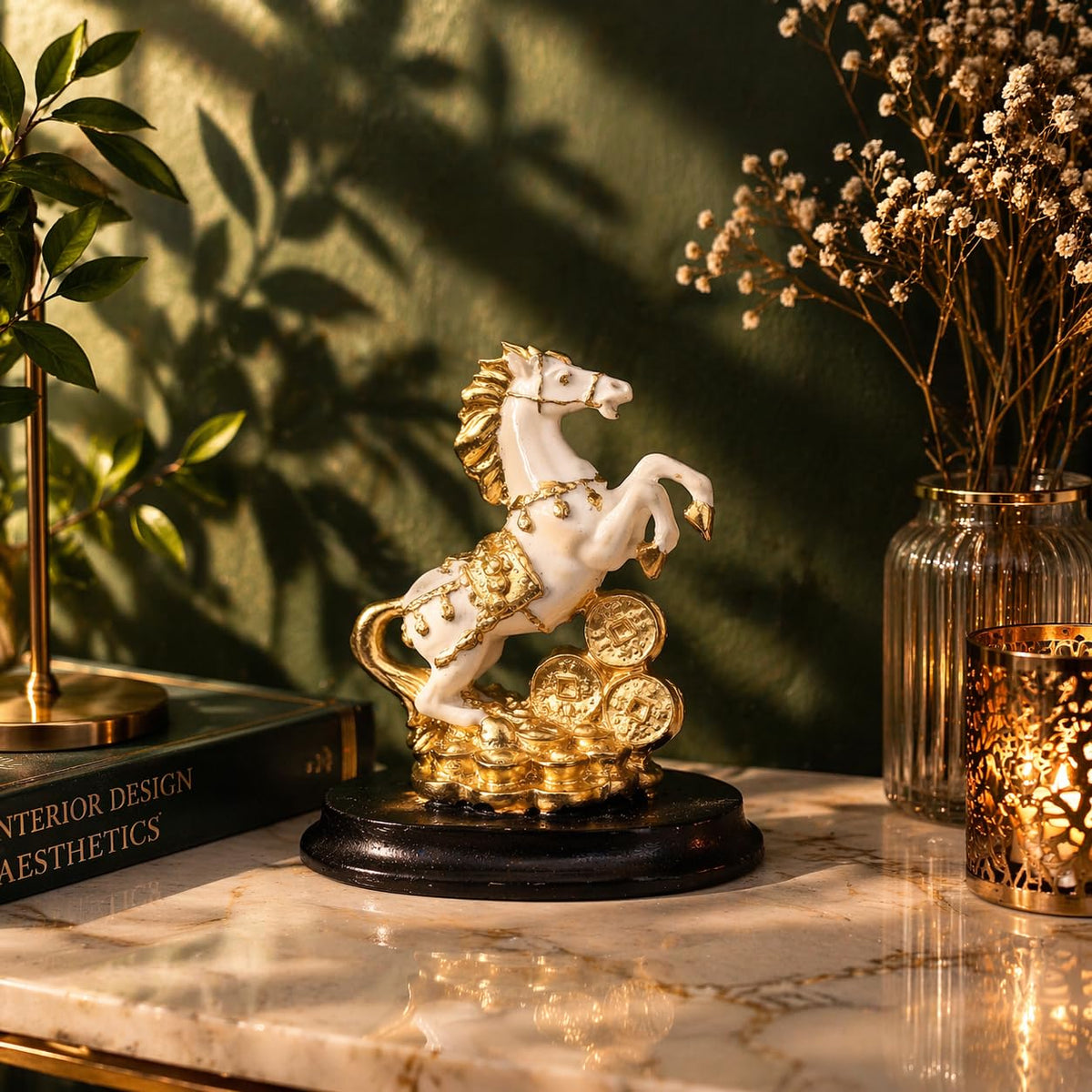 Lucky Horse Showpiece for Home Decor | White & Gold Rearing Horse Figurine with Coins Resin Decorative Statue for Office Desk Living Room Shelf Table Feng Shui Vastu Gift Item