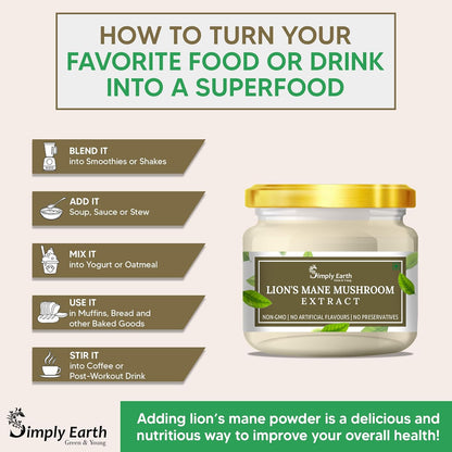 Simply Earth Lion's Mane Mushroom Extract Powder 10:1, (20% Polysaccharides) Improves Memory, Focus and Clarity | 50gm…