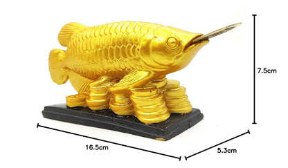 Plus Value Feng Shui Golden Arowana Fish Statue Showpiece with Coin in Mouth Wealth Symbol, Protects Mishaps, Troubles Vastu Products Home & Office Decor Decoration Gifting (Fiber)