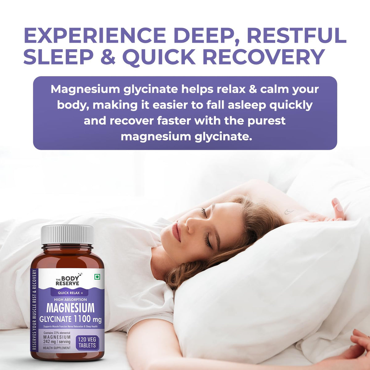 Person lying in bed with a bottle of Body Reserve Magnesium Glycinate supplement.