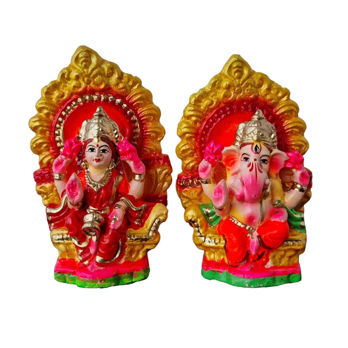Terracotta Goddess Lakshmi and Lord Ganesh Idol/Statue/Murti Decorative Showpiece, Ganpati Laxmi Mitti Figurine for Puja(Silver Mukut)