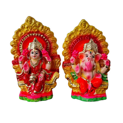 Terracotta Goddess Lakshmi and Lord Ganesh Idol/Statue/Murti Decorative Showpiece, Ganpati Laxmi Mitti Figurine for Puja(Silver Mukut)