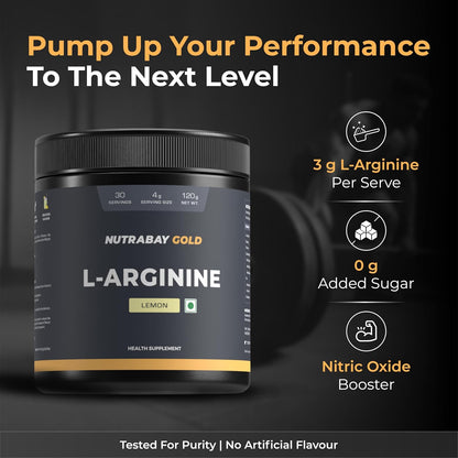 Nutrabay Gold L-Arginine supplement container with promotional text on a dark background