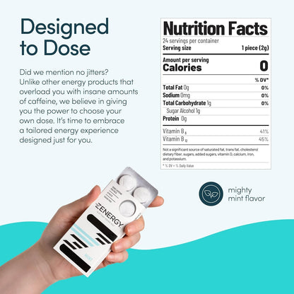 ZENERGY Energy Gum - Mint Flavor | 50mg Caffeine + 35% B6 and 45% B12 Vitamin | Vegan, 0 Sugar, 0 Calories, 0 Gluten, 0 Aspartame, Non-GMO, Instant Action | 1 Pack = 8 Count