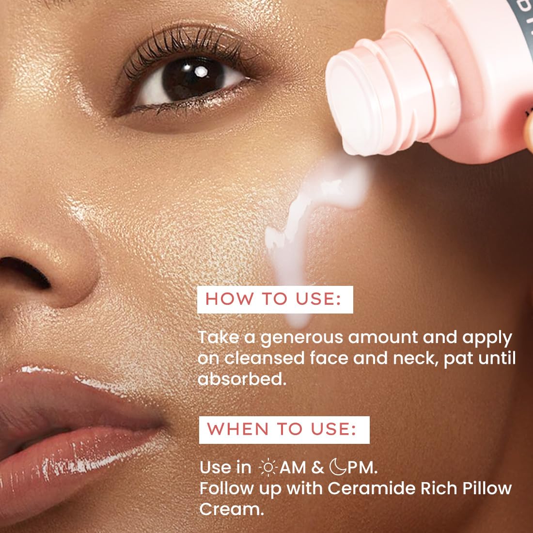 Woman applying cream to her face with text on how to use it.