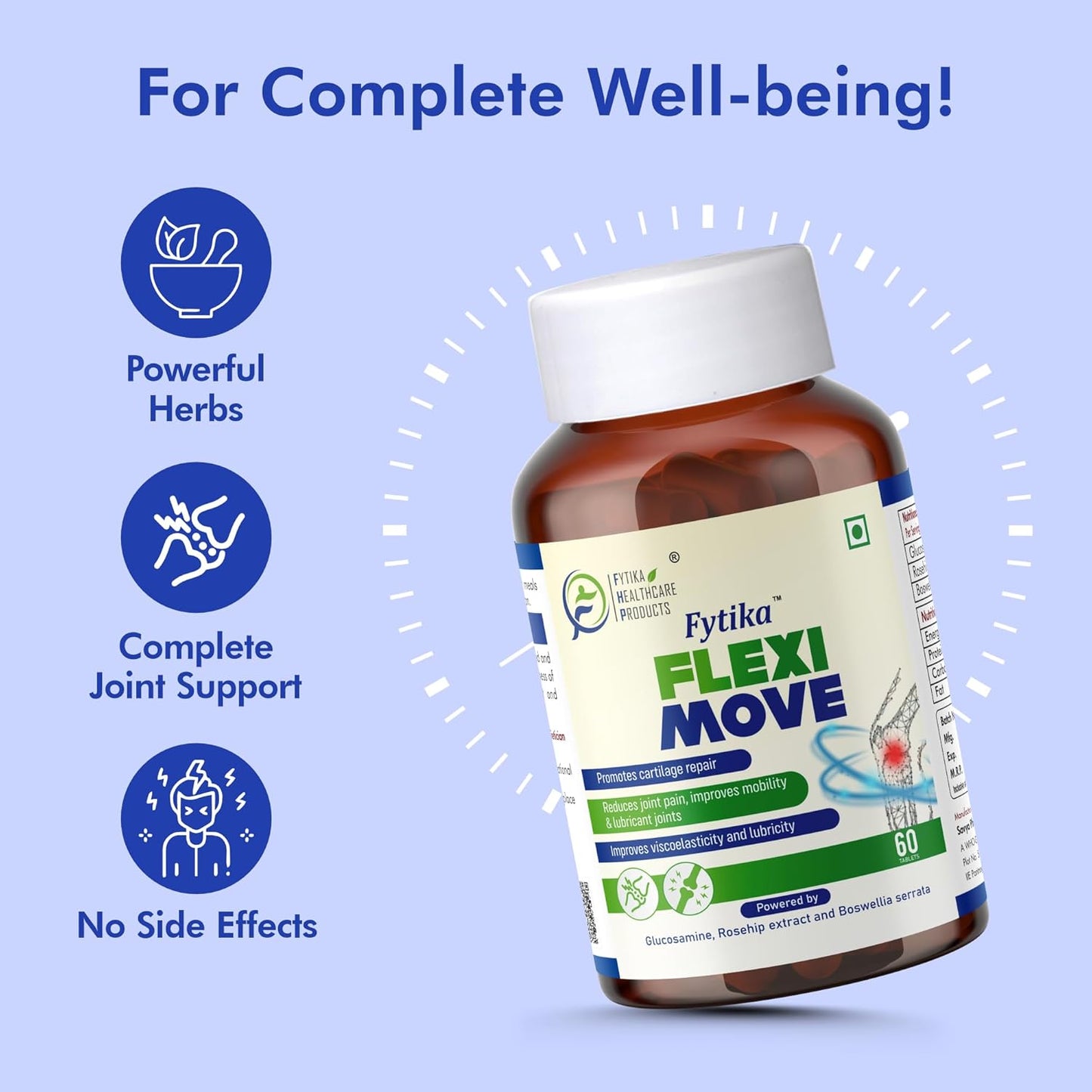 Fytika Flexi Move supplement bottle with icons and text on a blue background
