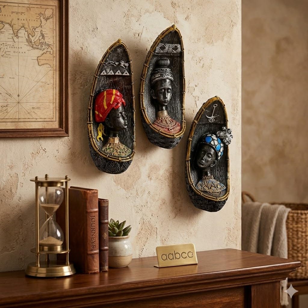 Vibrant Beautiful Finish Uniquely Hand Crafted Home Decor African Tribal Women Art Piece (African Face Lady Set of 3)