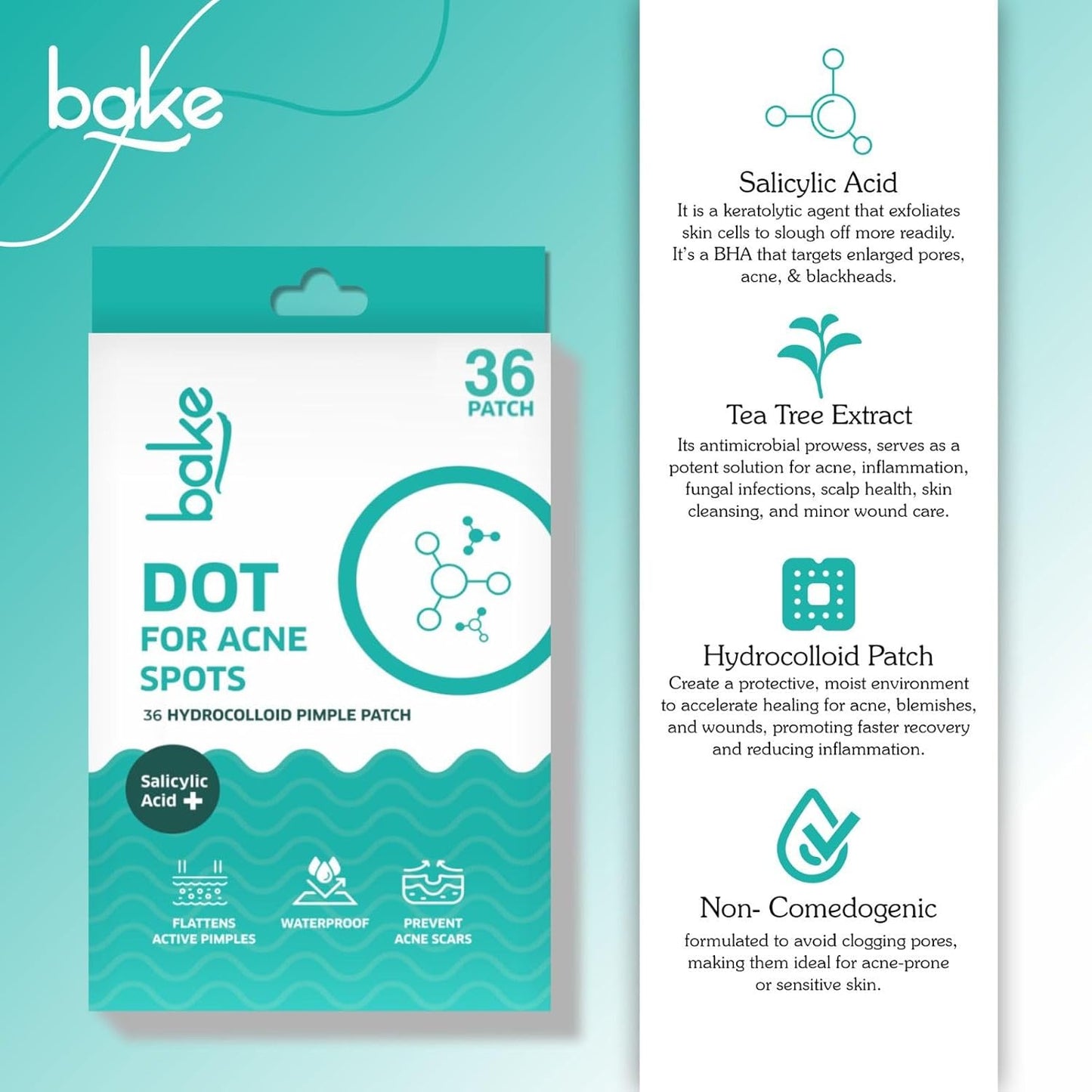 BAKE 2% Salicylic Acid Hydrocolloid Pimple Patches (36 Dots) | Absorbs Oil, Prevents Acne | Waterproof Patches | For Acne, Acne Marks, Acne Prone Skin - 36 Dots