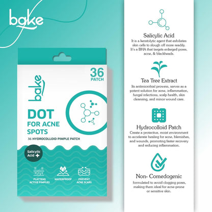 BAKE 2% Salicylic Acid Hydrocolloid Pimple Patches (36 Dots) | Absorbs Oil, Prevents Acne | Waterproof Patches | For Acne, Acne Marks, Acne Prone Skin - 36 Dots