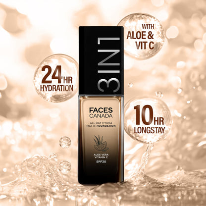 FACES CANADA All Day Hydra Matte Foundation | 3-in-1 Foundation + Moisturizer + SPF 30 | 24 HR Aloe Hydration & Vitamin C | 10HR Long Wear | Medium to High Buildable Coverage | Soft Sand 041 | 25ml