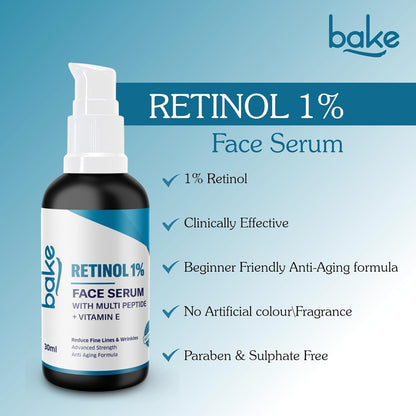 BAKE 1% Retinol Face Serum with Multi Peptides for Anti Aging,Reduces Fine Lines & Wrinkles | Advanced Strength Serum | 30ml