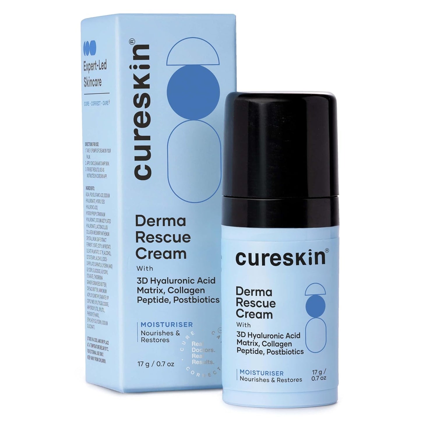 Cureskin Derma Rescue Cream Hydrating Face Moisturiser for Dry, Dehydrated & Sensitive Skin | 3D Hyaluronic Acid Matrix + Collagen Peptide + Postbiotics | Barrier Repair, Long-Lasting Hydration | 17g