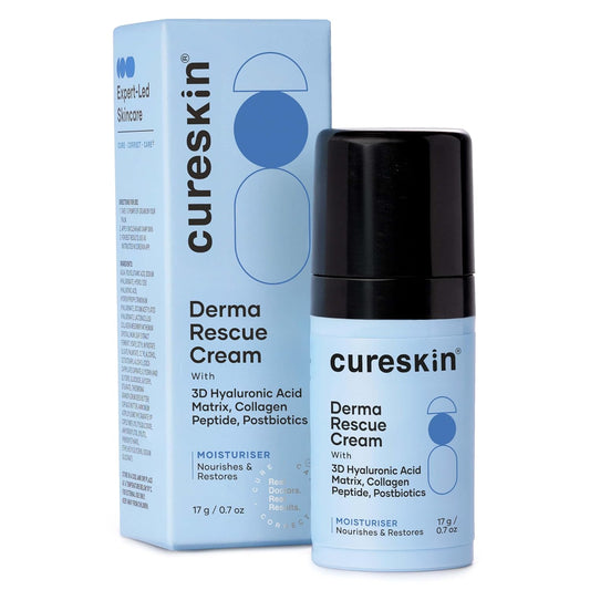 Cureskin Derma Rescue Cream Hydrating Face Moisturiser for Dry, Dehydrated & Sensitive Skin | 3D Hyaluronic Acid Matrix + Collagen Peptide + Postbiotics | Barrier Repair, Long-Lasting Hydration | 17g