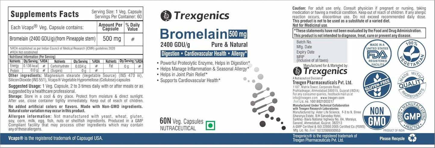 Trexgenics BROMELAIN 500 mg 2400 GDU/gm Natural Digestion, Joint Health Support VEGAN & NON-GMO (60 Veg. Capsules) (Pack of 1)