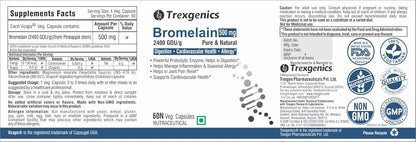 Trexgenics BROMELAIN 500 mg 2400 GDU/gm Natural Digestion, Joint Health Support VEGAN & NON-GMO (60 Veg. Capsules) (Pack of 1)